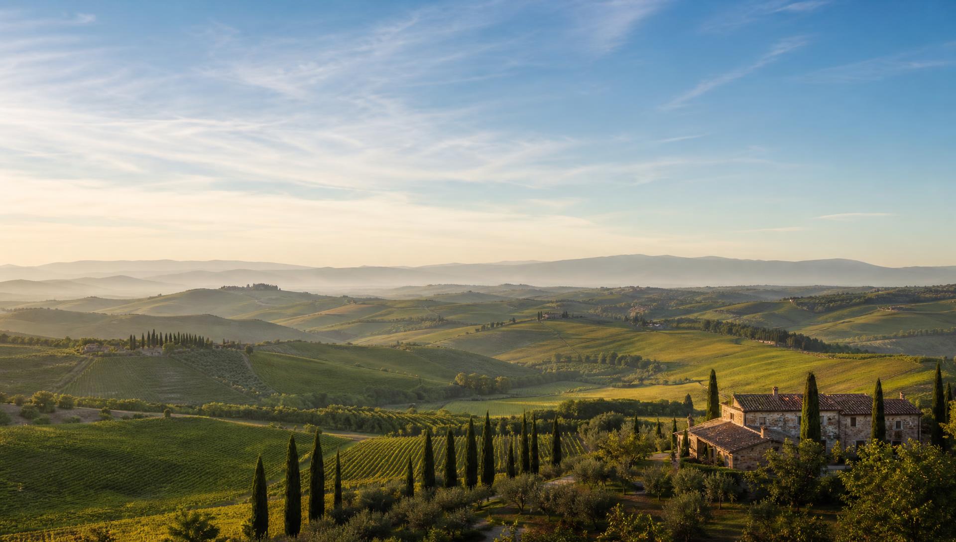Wijde blik over een Toscaanse vallei met een landelijk agriturismo tussen cipressen en wijngaarden